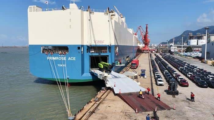 Vehicles driven onto a Ro-Ro car carrier at the quay